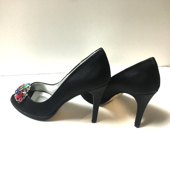 Jewel Tone Rhinestone Black Open Toe Pumps Stiletto Heels Shoes Mad Men Style - Picture 4 of 9